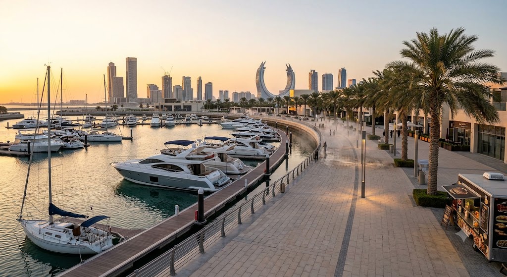 Top things to do in Lusail 2026 - Scenic sunset view of Lusail Marina Promenade waterfront.